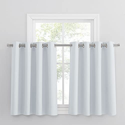 PONY DANCE Scheibengardine Küche 2 Stücke H 90 x B 132 cm Verdunklungsvorhänge mit Ösen Kurze Gardinen Blickdicht Verdunkelungsvorhang, Grau-weiß