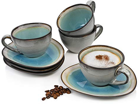Sänger | Kaffeetassen Set Capri mit Untertassen, 8-teiliges Tassen Set aus Steingut, modernes Vintage Design | 230ml