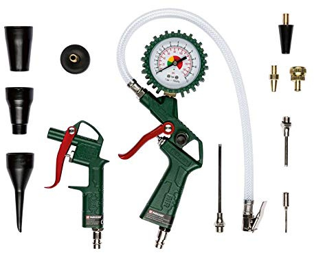 PARKSIDE Druckluft-Einstiegs-Zubehör-Set PDSS 13 D4 mit Ausblaspistole, Füllpistole mit Druckanzeige und Entlüftungsventil, 7 Adapter, 2 Verlängerungsdüsen für Fahrräder, Luftmatratzen, Bälle
