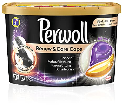 Perwoll Renew & Care Caps Schwarz & Faser Waschmittel (18 Wäschen), sanft reinigende All-in-1 Waschmittel Caps zur Farbauffrischung und Faserglättung bei schwarzer & dunkler Wäsche