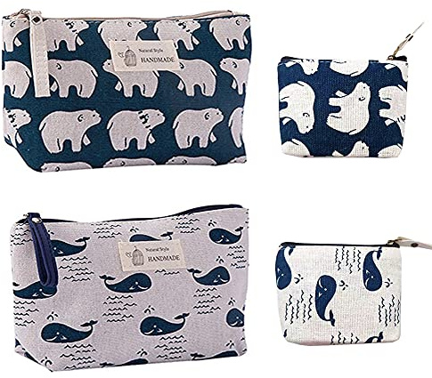 4 Stück Segeltuch Kosmetiktasche, Münzbeutel mit Reißverschluss, Süße Bleistift Tasche, Leinwand Federmäppchen, Waschtasche, Reise Kosmetiktaschen, für Kleine Gegenstände, 2 Größe (Wal + Eisbär)