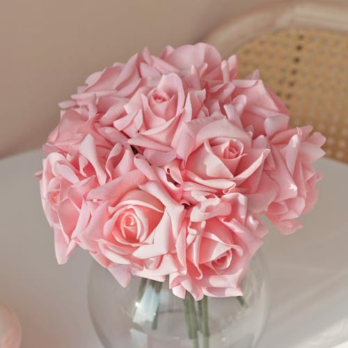 DUYONE Künstliche Rosen, einzelner Stiel, 10 Stück, künstliche Seidenblumen, Blumenstrauß, fühlt Sich echt an, für Zuhause, Party, Hochzeit, Dekoration (Dunkelrosa)