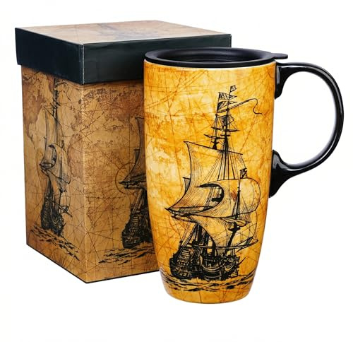 Topadorn Keramik Kaffeetasse 500 ml mit Deckel, Geschenkbox Schiff Motiv | Spülmaschinen-, mikrowellengeeignet und ofenfest, ideal für Zuhause, Büro und unterwegs im Auto