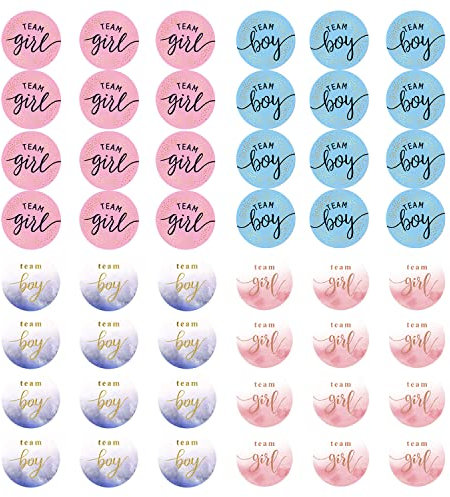 Confezione da 48 adesivi per rivelare il sesso della squadra di ragazzi, etichette adesive blu e rosa per inviti per feste, votazione, giochi di genere, decorazioni per baby shower (rotondi)