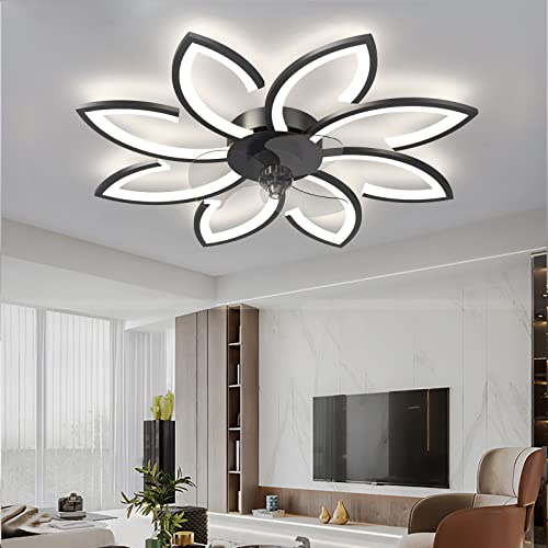 90cm Ventilateur de Plafond avec Lumière et Télécommande/APP Silencieux Créative Fleur Plafonnier Ventilateur Led Moderne Dimmable 6 Vitesse Réversible été Hiver pour Chambre Salon, Noir
