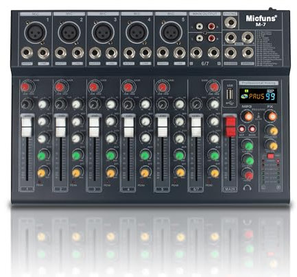 Micfuns M7 Audio Mispult mit USB DJ Sound Mischkonsole 99DSP 5V TYPE-C supply,Mit Bluetooth-MP3-Buchse 48V-Stromversorgung 7-Kanal-Bändchenmixer für PC-Aufnahmen