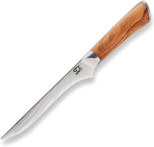 Ausbeinmesser SOK Olive Sunshine Damascus 130 mm extrem scharfe Klinge aus 67 Lagen, Profi-Kochmesser aus japanischem Damaststahl mit Olivenholzgriff.