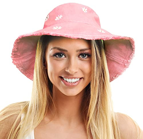 TOSKATOK Damen-Sonnenhut mit LSF 50+ Weich gewaschener Baumwolle mit gestickten Gänseblümchenmotiven, formbarer Krempe und ausgefransten Rändern