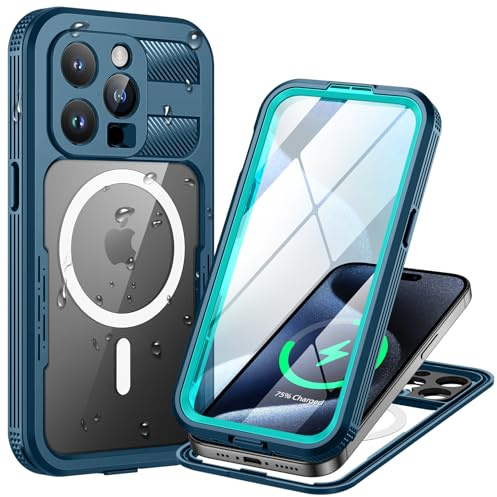 Lanhiem für iPhone 15 Pro Hülle IP68 Wasserdicht 360 Grad Outdoor,Blau | Wasserfest Schutzhülle,Waterproof,Handyhülle mit Displayschutz,komplett Panzerhülle,Stoßfest,Full Cover,Staubdicht,Baustelle