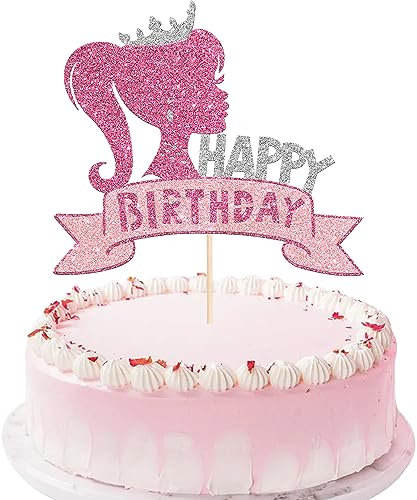 Xsstarmi 1 Pack Princess Girl Happy Birthday Cake Topper Glitter Girl Happy Birthday Cake Pick for Princess Theme Baby Shower Birthday Party Cake Decorations Supplies Pink