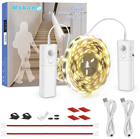 WOBANE Tira LED 5 Metros con Dual Sensor Movimiento Bateria Recargable | 2000mAh, sin Cable, Adhesiva, Magnética, Carga USB-C, para Escaleras, Pasillo, Armario, Cocina, Cama, Sótano