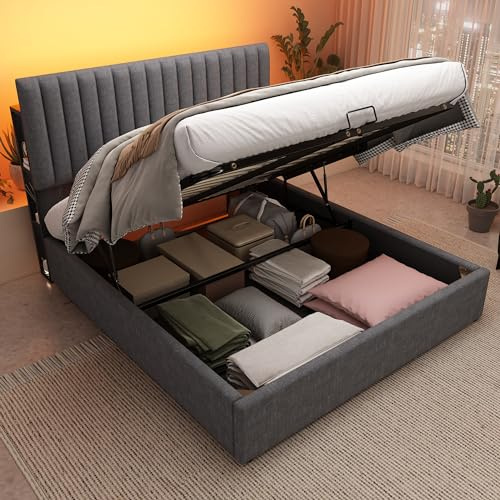 Dolamaní Polsterbett mit Bettkasten 160x200 cm, Multifunktionsbett mit Stauraum, Doppelbett L-ED, Bett mit Stauraum & Verstellbares Kopfteil, Lattenrost aus Holz, Leinen