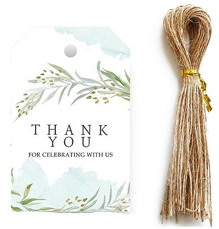 Yurosiay Hochzeit Geschenkanhänger 50 Stück Rechteckige Dankeschön Anhänger Mit 50 Stück Juteseil Elegant Eukalyptus Muster Danke Anhänger Papier Etiketten Anhänger für Hochzeit Geburtstag 4#