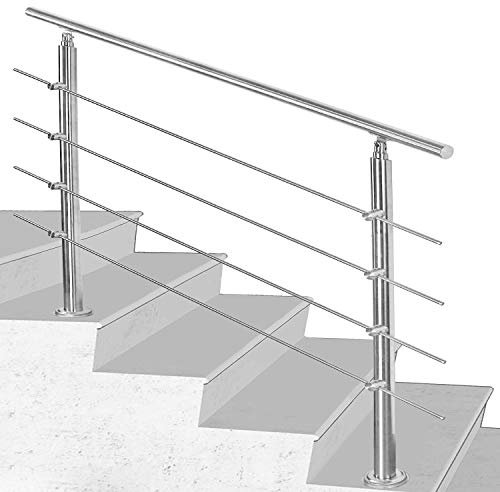 Herrselsam Main courante en acier inoxydable extérieur 180 cm, garde-corps intérieur et extérieur, balustrade avec 4 traverses pour escaliers, balustrade, balcon