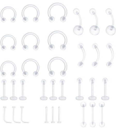 Yolev 33pcs Septum Ring Set - Clear Acrylic Piercing Jewelry for Nose, Lip, Ear, Eyebrow, Tongue