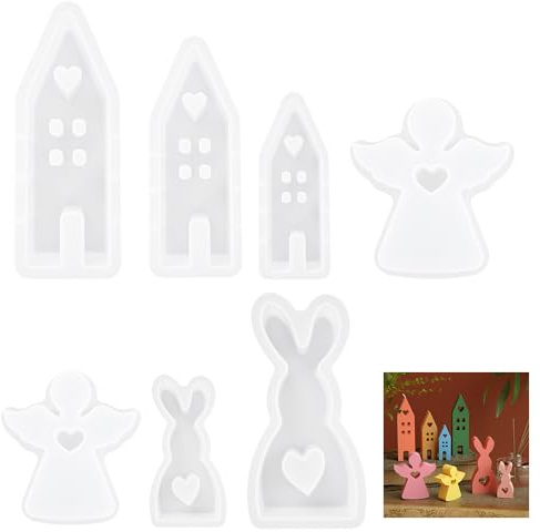7 Stuck Hasenform für Ostern,Silikonform Haus für Weihnachten Kerzenhalter,Silikonform Engel, Silikonformen Kerzen Engel Mit Herzform,silikonform Hase,Silikonformen Gießformen Kerzenhalter