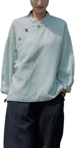 Blusa China De Ramio para Mujeres - Camisa Hanfu De Verano De Algodón Y Lino Ropa Tradicional Traje De Meditación con Mangas Largas Tops De Túnica Retro (S,Verde Claro)