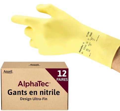 Ansell AlphaTec 87-086 Mehrzweckhandschuhe aus Latex, Chemikalienschutz, Lebensmittel Geeignet, Wiederverwendbare Gummihandschuhe, Hausputz, Haushalt, Kochen, Gelb, Größe L (12 Paar)