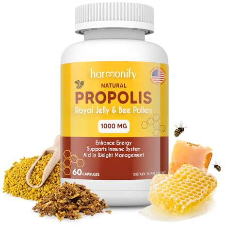 HARMONIFY Bee Pollen Propolis Royal Jelly Extract with Carob, Pure Immune Support Supplement, Gluten-Free, Vegetarian Capsules, 1000 mg