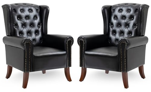 MOJAY Faux Leather Accent Chairs Set of 2, Mid-Century Modern Living Room Chairs Upholstered Club Arm Chair, Single Sofa Chair with Solid Wooden Legs for Bedroom Study Home Office Lounges (Black)