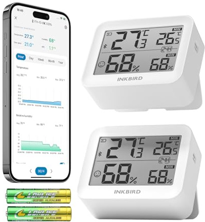 Inkbird Bluetooth Thermometer Hygrometer, 2 Stück ITH-13-B Digitales Thermometer Hygrometer Kombinationsset, Hochpräzises Thermometer mit Luftfeuchtigkeitsmesser, App Steuerung