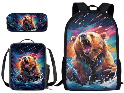 Wpamlrta Colorful Paint Bear Pattern Back to School Backpack Set of 3 Pack Teens Primary Schoolbag Thermal Lunch Box Pencil Bag 3 in 1 for Boys Girls