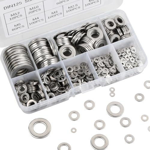 Set di 580 rondelle in acciaio inox, rondelle in assortimento di rondelle, anelli di tenuta, 9 diverse misure M2 M2.5 M3 M4 M5 M6 M8 M10 M12