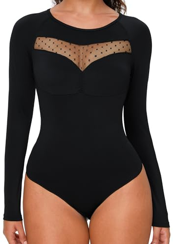 FXTYK Dam body sexig främre brösturringning sheer mesh spets långärmad bodysuit leotard toppar, svart, S