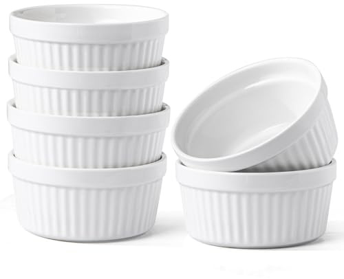 Feenmai 8 oz Ramekins Oven Safe - Creme Brulee Ramekins Set of 6, Ceramic Baking Bowls, Porcelain Souffle Dish, White Baking Bowl for Dessert, Pudding, Pie, Tart, Custard, Dipping Sauces, 3.9 x 2 inch