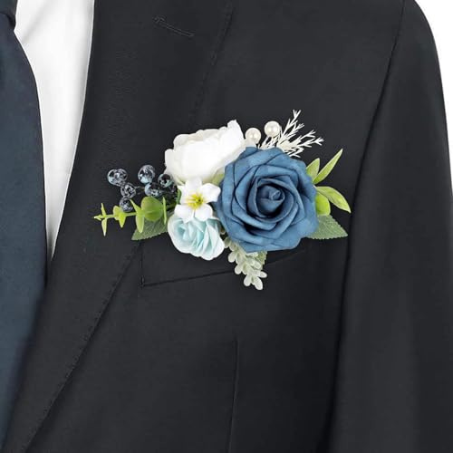 Roahosy Dusty Blue Flowers Pocket Boutonniere for Men, Groom and Groomsmen, Wedding, Anniversary, Formal Dinner Party, Prom