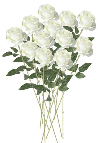 VIDSTW 12 Künstliche Rosen 52 cm Kunstrosen Lebensecht Rosen Künstlich mit Grüne Blätter Fake Wie Echt Blumenstrauß Künstlich für Zuhause Hochzeit Party Garten (Weiß)
