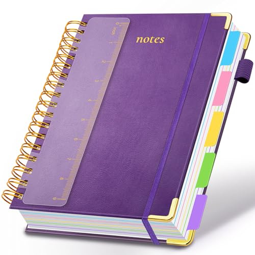 Hardcover Spiral Notebook 8x10 Journal Notebook with Tabs and Removable Dividers 300 Pages 5 Subject Notebook College Ruled, Faux Leather Spiral Bound Notebook for Women School Work (Purple)