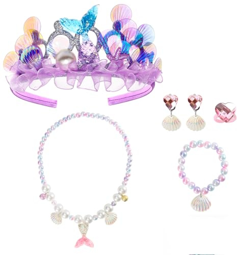 Kinwers Bijoux Enfants Fille,6 Pièces Accessoires Princesse Fille Violet Couronne Sirène Collier Bague Bracelet Boucles 3 4 5 6 Ans Cadeau d'anniversaire.