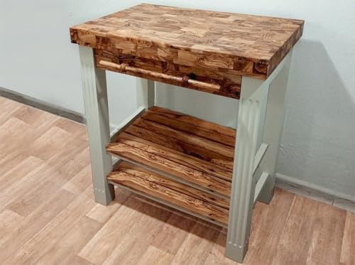 Solid Olive Wood Kitchen Cart Scratch Resistant End Table With Shelves Storage Butcher Block Top Food Prep Station Rolling Unit Heavy Duty Build (White/Olive wood)