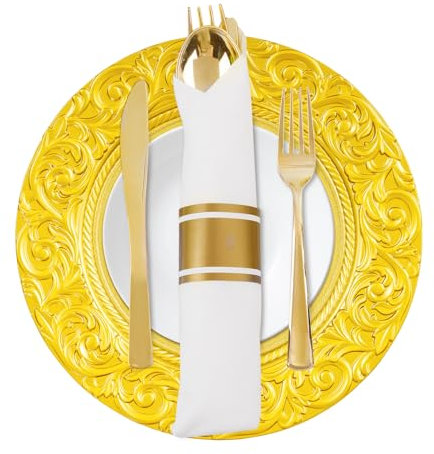 soudesileim 24 piatti in plastica riutilizzabili con fondo incassato, ogni diametro 33 cm, retrò, rotondi, per feste di compleanno, matrimoni, banchetti (oro)