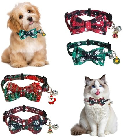 4 Stück Weihnachten Haustier Halsband Set – Verstellbares Katzenhalsband mit Schleife und Glocke, Festliches Hundehalsband aus Baumwolle Nylon, Rot Grün Karomuster, Weihnachts Deko Zubehör