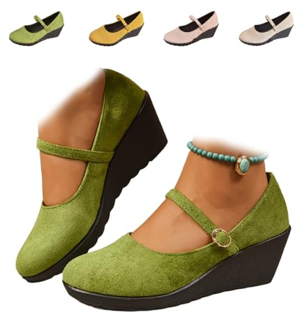 Mary Janes - Zapatos de tacón de cuña para mujer, zapatos de cuña de bailarina de punta redonda para damas, de ante suave, elegantes, zapatos de ballet para vestir, trabajo diario, Green, 37 EU