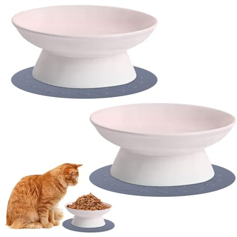 Katzennapf Erhöht Set - 2 Stück Futternapf Katze Erhöht Katzennapf Keramik & Silikon Napfunterlage Katzen Futternapf Katzennapf Trinknapf Wassernapf Fressnapf Katzennapf für Katze Hund (Hellrosa)