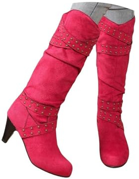 Qgtxf Cowboy stövlar för kvinnor mode rund tå kattunge klack stövlar mocka cowgirl stövlar med nitar vinterskor, rosa, 37 EU
