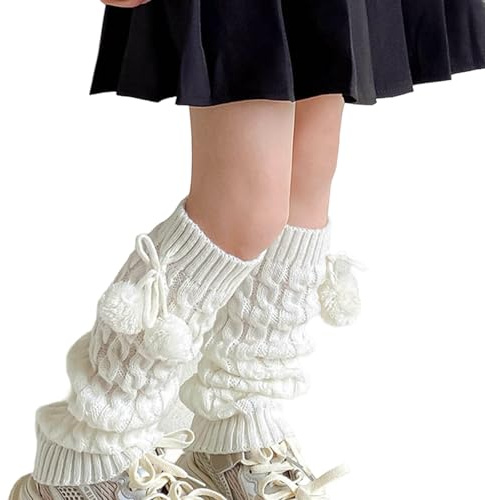 Saxrel Girls Knitted Jacquard School Sock Sleeves – Kids Mid-Calf Pile Up Stretchy Thermal Socks Winter Warm Thick Knit Children Leg Warmer with Lace Up Pom-Pom