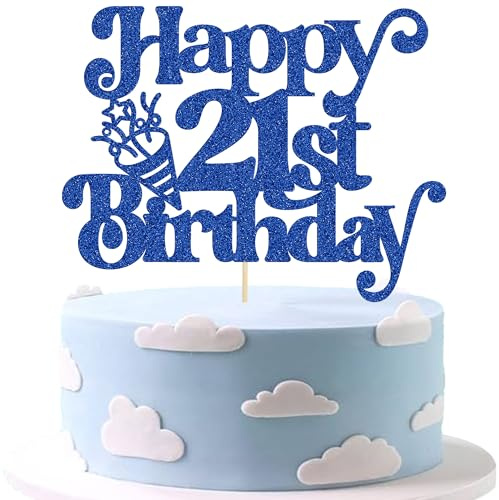 Gyufise 1Pc Happy 21st Birthday Cake Topper Glitter Happy Birthday Cake Pick Cheers to 21 Years for 21st Anniversary Wedding Party Cupcake Decorations Supplies Blue