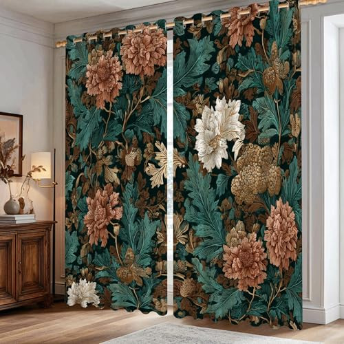 Chrysanthemum Blackout Curtains, Floral Vintage Peony Leaf Fall Emerald Machine Washable Light Blocking Curtains for Office Window Decor 42x84 Inch