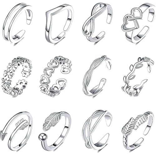 12 Pack Adjustable Open Toe Rings For Women, Sterling Silver Toe Rings, Elegant And Comfortable Toe Jewelry, For Beach And Various Parties Give a Gift Mom Ladies Girls