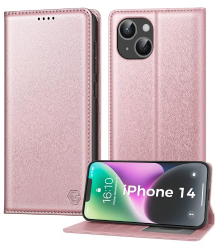 Kirnntca Handyhülle für iPhone 14 Hülle, Kartenfach Premium PU Leder Klapphülle Schutzhülle, Standfunktion Tasche Flip Case für iPhone 14 - Rosa