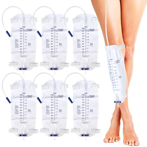 6 stycken 1 000 ml urinpåse, benpåse med kateter med anti-reflux-film, urindräneringspåse med ventil, T-dränering och 2 tygband, urinpåsar vid inkontinens – steril förpackad