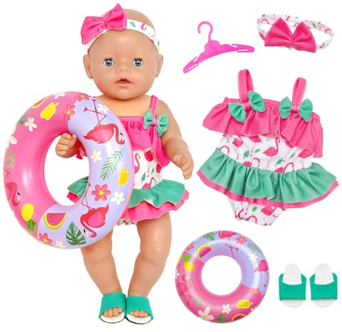 Baby Puppen Puppenkleidung 36-43 cm，Sommer Schwimm-Set mit Haarband Schwimmring Schuhe Kleiderbügel Puppen Zubehör für 14-18 Zoll Baby Kleidung, Mädchen