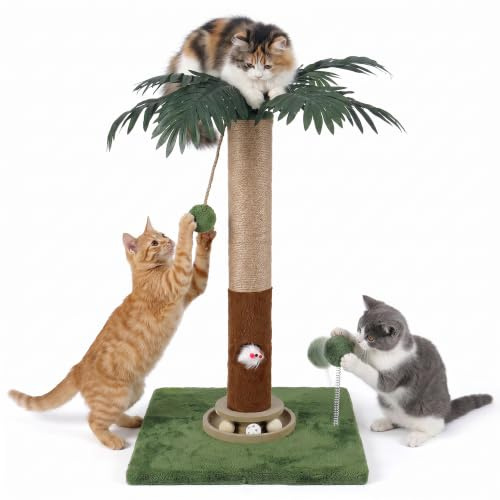 Fantasreen 70cm Cat Scratching Post with Toy Mouse & Track Ball, Green | For indoor cats, kittens & adults. Interactive ball keeps cats active. Saves furniture.