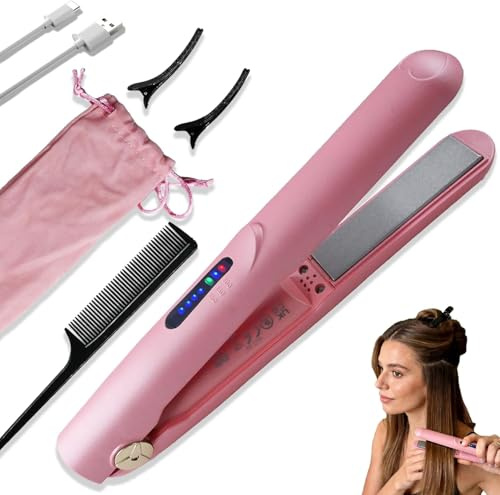 Mini Hair Straightener Rechargeable,2-in-1 Cordless Hair Straighteners and Curler,Mini Hair Straightener Wireless,Rechargeable Ceramic Mini Portable Curling Iron with 2600mA (Pink)
