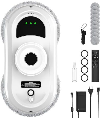 SWBSLL Robot Limpiacristales 5600Pa, Limpia Cristales Eléctrico | Pulverizador Integrado, Navegación Inteligente, 3 Modos, Sistema UPS Anticaída, Mando, 10 Paños, para Ventanas y Mamparas