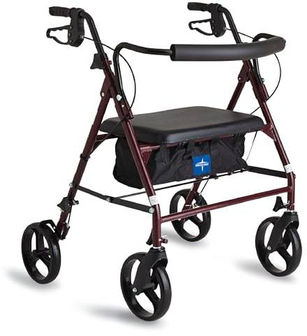 Medline Large Steel Bariatric Rollator Walker with Adjustable Handles, Padded Seat & Backrest, Burgundy, 500 lb. Weight Capacity, Foldable with Storage, 8 Wheels, Rolling Walker For Seniors & Adults